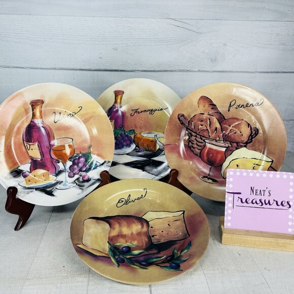 Pacific Island Creations Co Ltd WINE & CHEESE Bottle Fruit Words 8" Plate Set 4 - Picture 1 of 16
